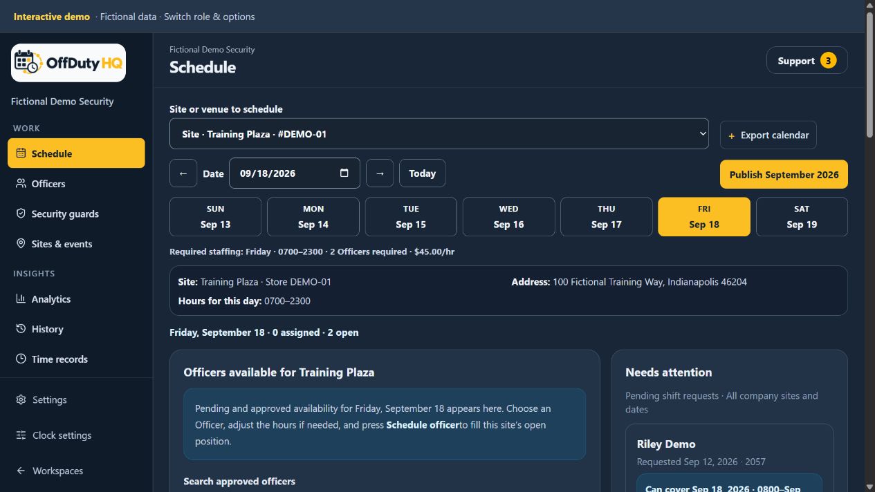 OffDuty HQ company schedule with location selection, daily coverage, Officer availability, and pending requests